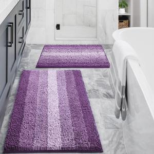 Gibelle Purple Bathroom Rug Set 2 Piece, Chenille Non Slip Bath Mat Set, Absorbent Shower Rug and Bath Room Floor Mats, Quick Dry Bathmat Bathroom Decor Accessories for Tub, 16" x 24", 20" x 32"