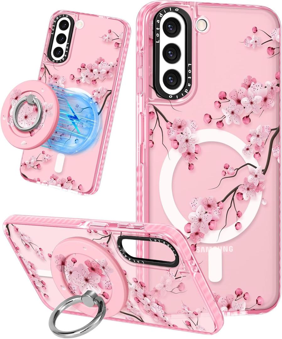 Cute Case for Samsung Galaxy S21 for Women Girls - Funny Design Compatible with Magsafe Magnetic Ring Holder Kickstand Art Peach Blossom Fashion Pattern TPU Phone Covers