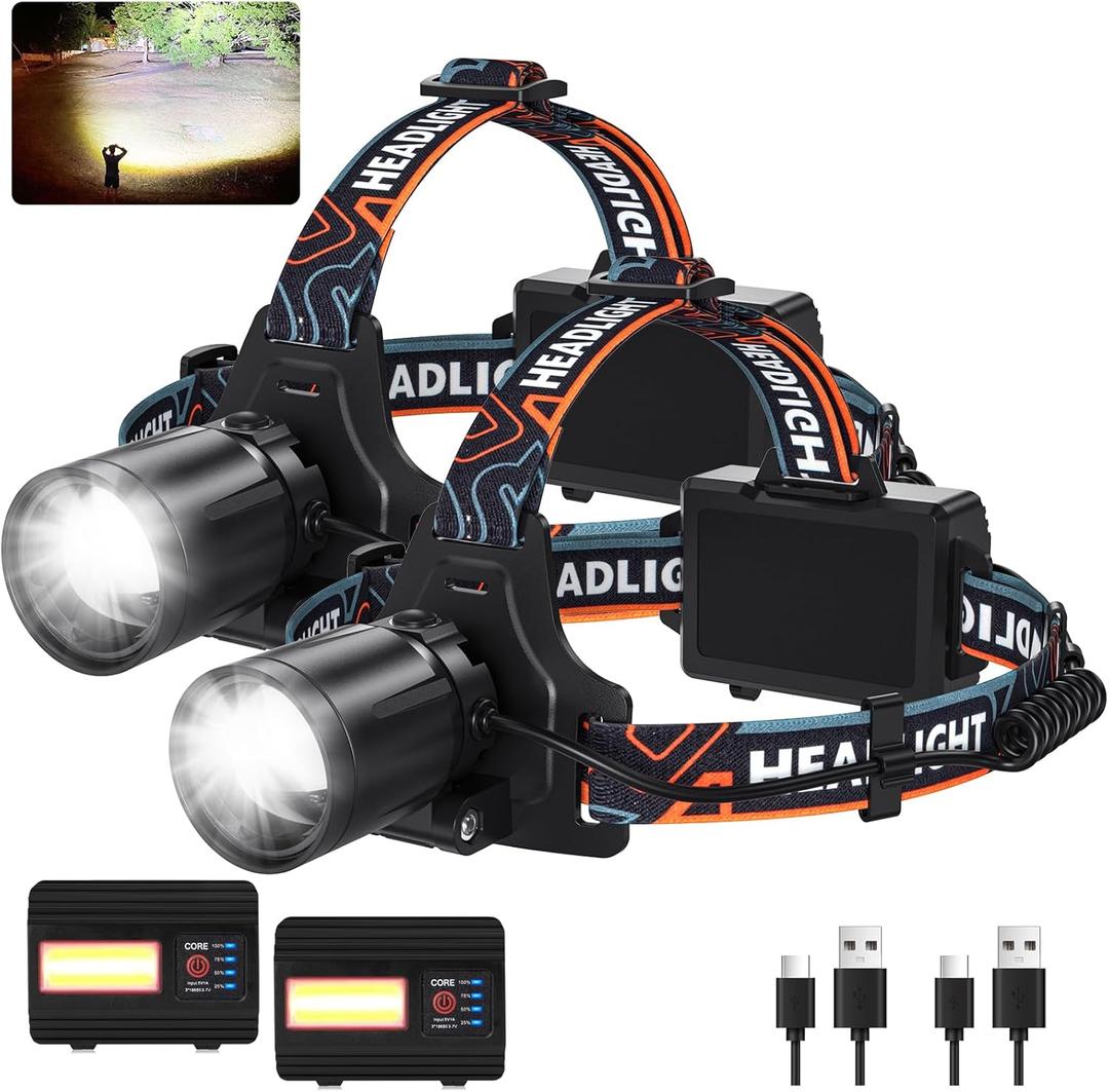 Rechargeable Headlamp Super Bright LED Head Lamp, 2Pack 99000 Lumens Head Lights with 7 Modes, 180 Adjustable for Forehead Waterproof HeadLamps for Camping Hunting Hiking