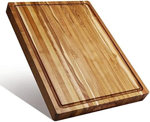 Large Teak Wood Cutting Board for Kitchen, Reversible Wooden Chopping Board With Juice Grooves and Handles,Ideal for Chopping Meat, Vegetables, Fruits, Bread, Cheese, 20x15x1.5 inch