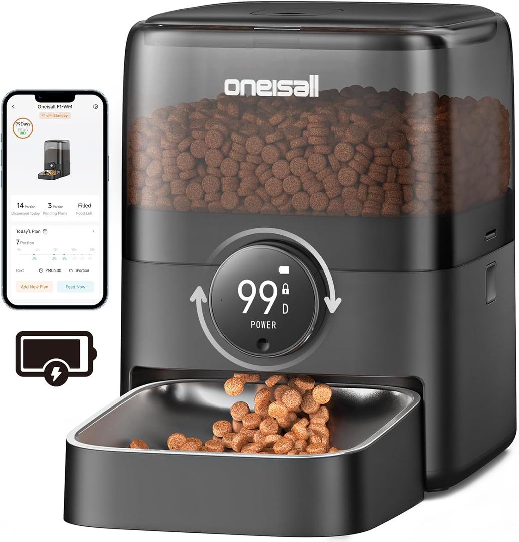 Oneisall Cordless WiFi Automatic Cat Feeder, Rechargeable 100-Day Battery Operated Pet Feeder, 12 Cups/3L Timed Cat Food Dispenser for Large Kibble, Smart App Control (Black)