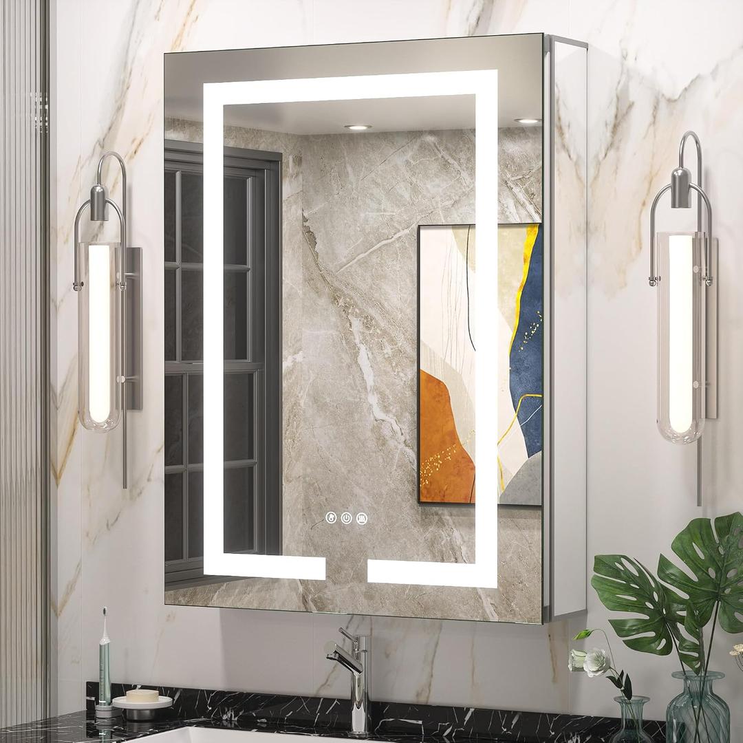 Keonjinn 24 x 32 Medicine Cabinet with Lights, LED Medicine Cabinet with Defogger and Outlets 3 Colors Dimmable with UL Listed LED Driver, Tempered Glass Surface/Recessed Mount Mirror with Storage