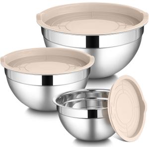 LIANYU Mixing Bowls with Airtight Lids Sets, 3 Packs Stainless Steel Metal Mixing Bowls, Ideal for Prepping, Cooking, Storage, Serving, Freezer & Dishwasher Safe, Khaki