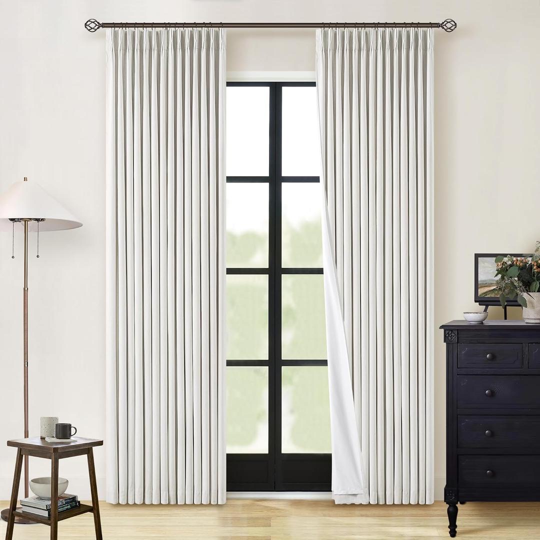 100% Blackout Pinch Pleated Linen Curtains 84 Inch Length 2 Panels for Living Room Bedroom 2 Layer Beige Off White Light Blocking Thermal Insulated Pinch Pleat Room Darkening Curtains 84 Inches Long