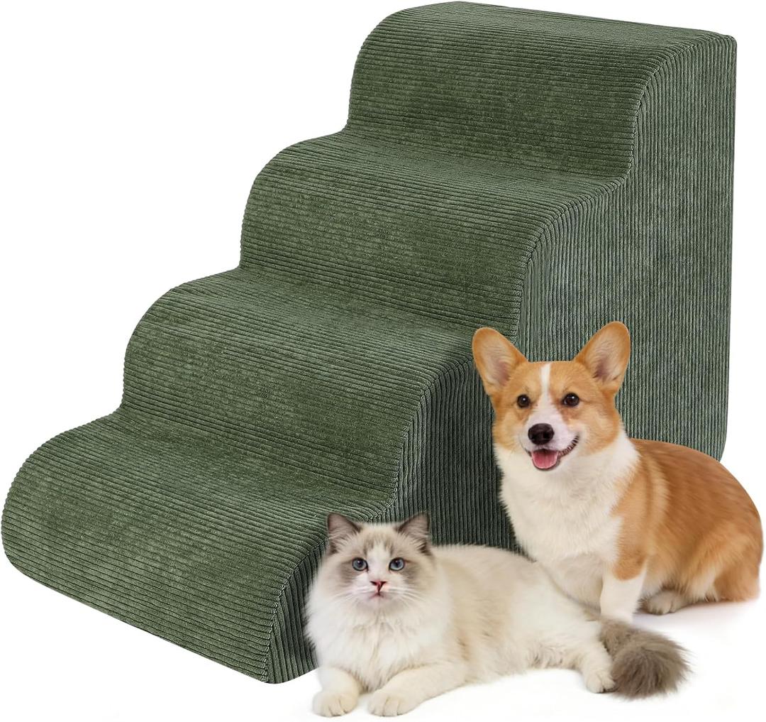 Dog Stairs for Small Dogs 17.7" H, 4-Step Dog Ramp for Aged and Injured Dogs, Foam Pet Stairs for Cats to Get on Bed, Couch or Chair, Non-Slip, Steady, Washable Cover, Green