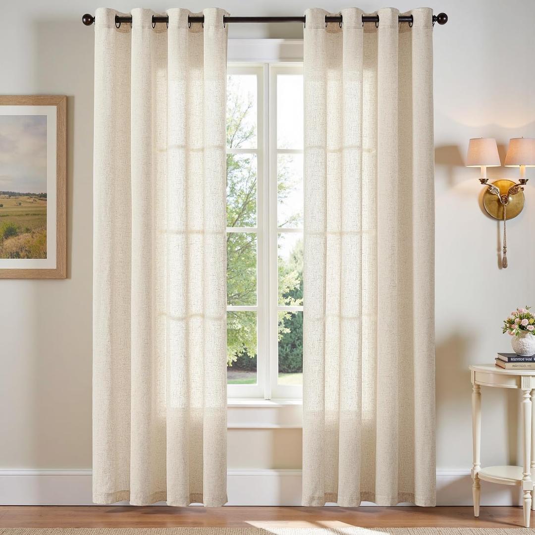 jinchan Linen Blend Semi Sheer Curtains 50W x 84L Inch Beige for Bedroom Curtains Light Weight Soft Window Grommet Drapes 2-Panel Set