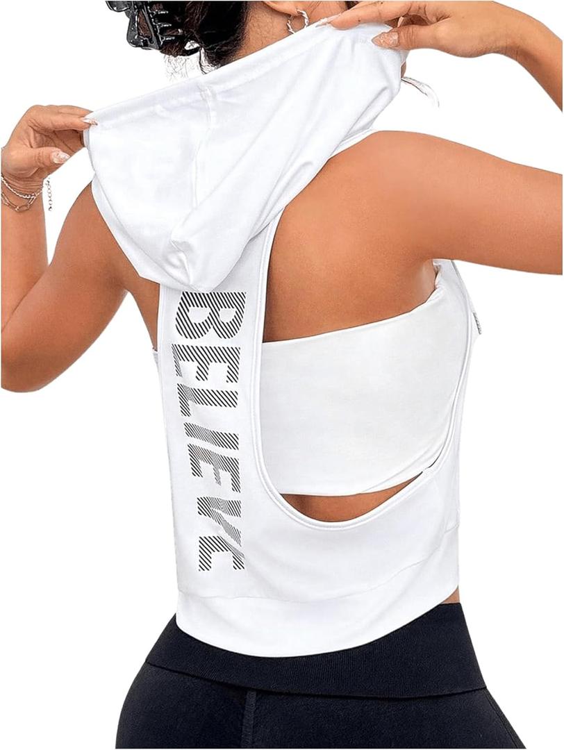 SweatyRocks Women's Sleeveless Low Cut Racerback Hoodies Workout Tops Cropped Hooded Tanks with Pocket (Large, White)