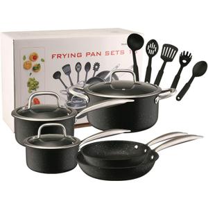 Nonstick Kitchen Pots and Pans Set with Visual Lid Includes Milk Pot Soup Pot Frying Pan and Tableware Sets 13Pcs Induction Cookware Cooking Set for Oven & Dishwasher Safe