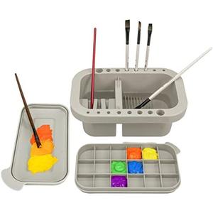 Paint Brush Cleaner, Paint Brush Holder and Organizers with Palette for Acrylic, Watercolor, and Water-Based Paints (Grey)