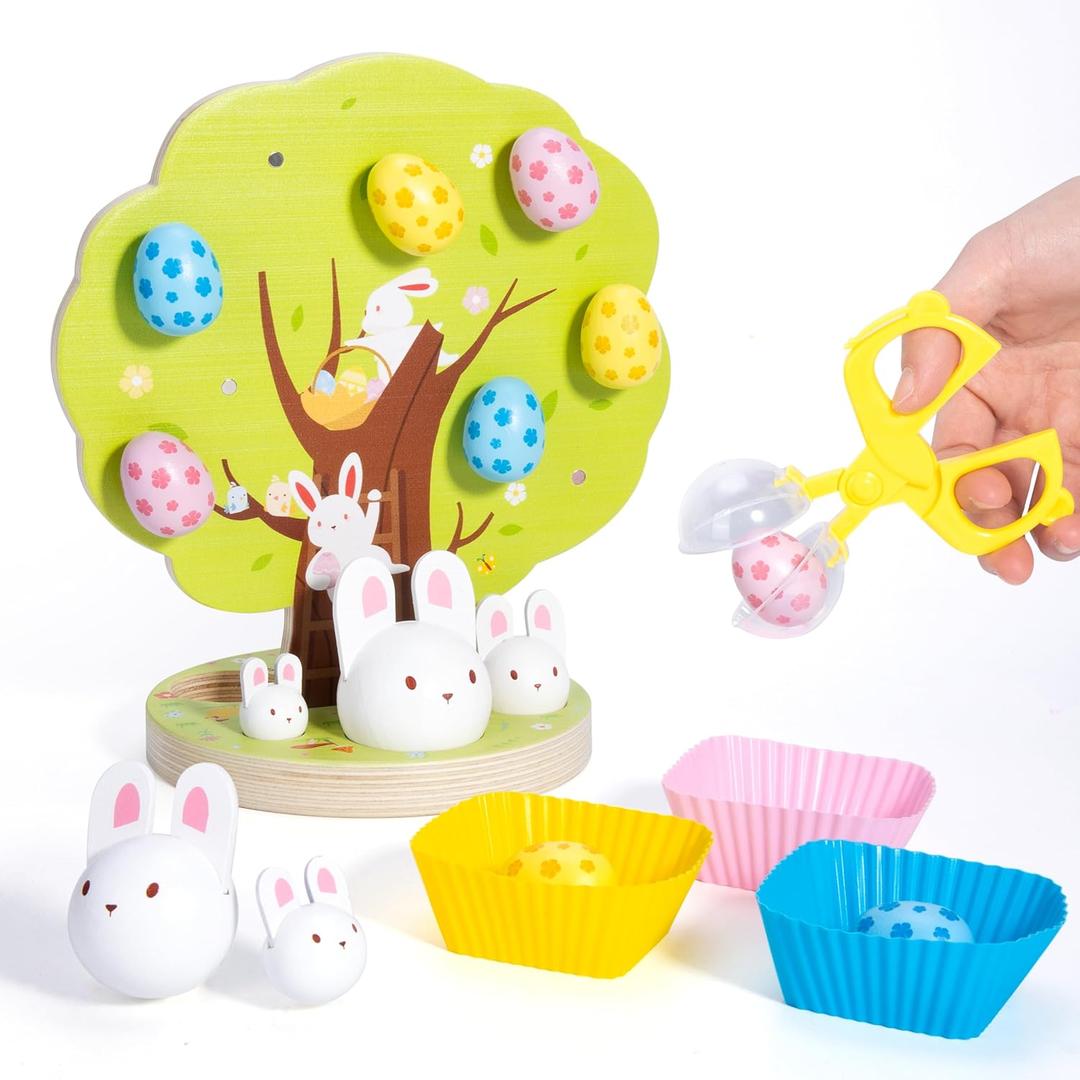 Woodtoe Easter Toys for Toddlers, Magnetic Easter Eggs, Picking Easter Bunny Toy, Montessori Toys for 3 4 5 6 Year Old, Wooden Sensory Color Sorting Toys, Spring Easter Basket Stuffers Gifts for Kids