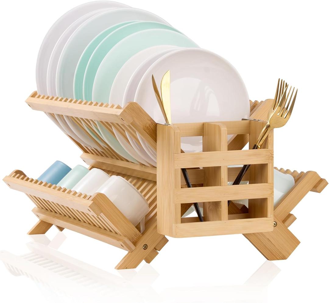 Bmaboo Dish Drying Rack for Kitchen Counter 3-Tier Collapsible Wooden Dish Drying Rack with Utensil Holder Dish Drainer Large Folding Dish Rack with Utensils Flatware Holder 51 pcs Grid