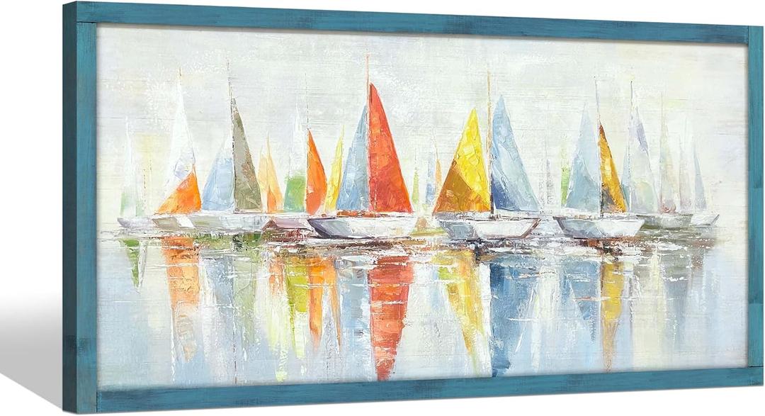 Coastal Wooden Framed Wall Art: Abstract Ocean SailBoat Picture Seascape Print Beach Painting Nautical Artwork for Living Room 48"x24"