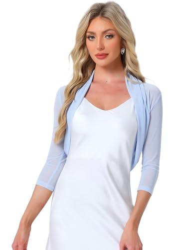 Allegra K Women's 3/4 Sleeve Sheer Mesh Shrug Open Front Cropped Bolero Cardigan X-Large Blue Light