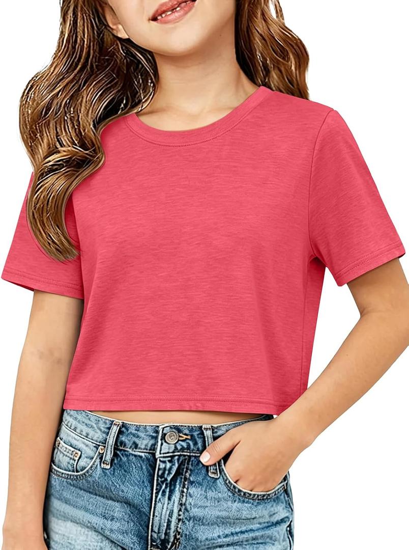 ZDC Girls Short Sleeve Crop Tops Kids Casual Crewneck T-Shirts Basic Tees 5-14 Years