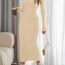 MEROKEETY Women's Fall Long Sleeve Sweater Dress Casual Ribbed Knit Slim Fit Bodycon Maxi Dresses (Beige, L)
