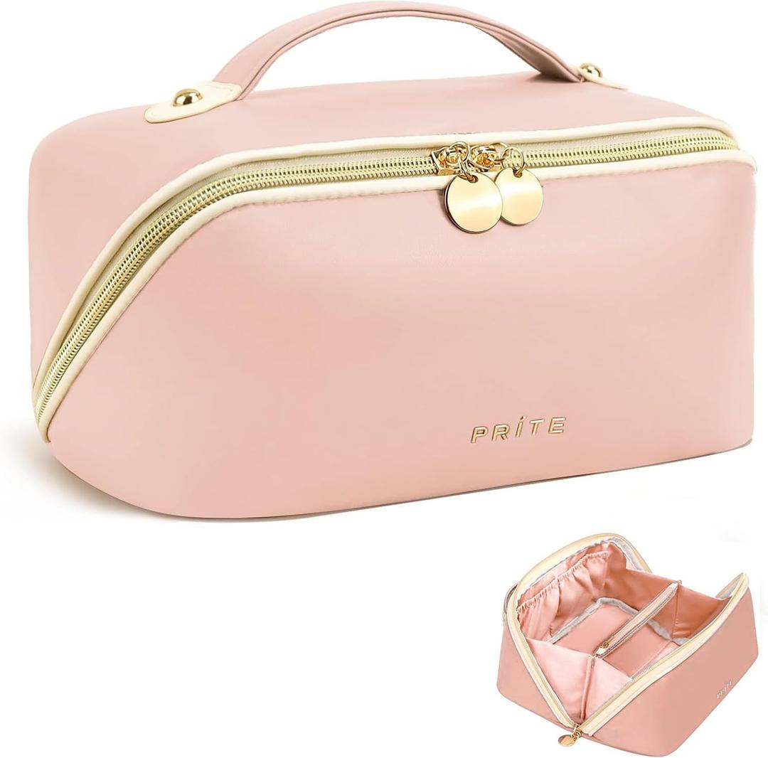Prite Makeup Bag for Women Travel Waterproof Vegan Leather Cosmetic Bag Open Flat Toiletry Bag With Clear Divider and Handle (Pink, Medium)