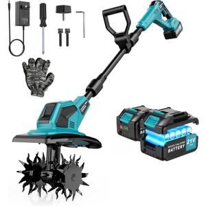 Cordless Tiller Cultivator, 360RPM Electric Garden Tiller, 2 * 3.0Ah 21V Batteries & Charger, Brushless Motor Battery Powered Garden Rototiller for Lawn/Gardening/Soil Cultivation