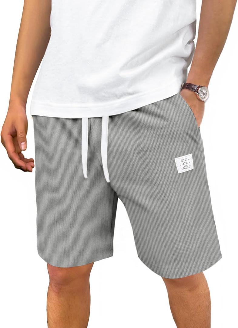 Men's Corduroy Shorts Casual Elastic Drawstring Lightweight Summer Beach Shorts with Pockets (Gray, S)