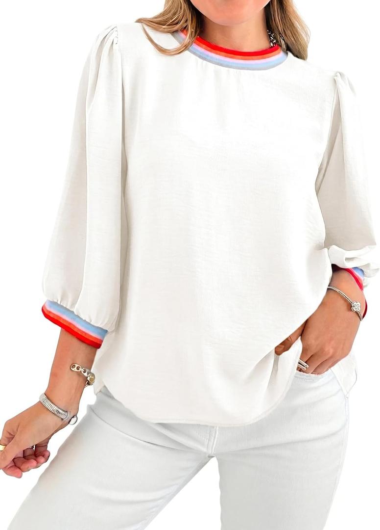 Tankaneo Womens 3/4 Sleeve Puff Tops Casual Loose Fit Patchwork Blouse Crew Neck T Shirts Tunic (White, L)