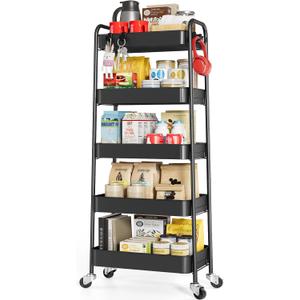 TOOLF 5-Tier Metal Rolling Cart with Wheels, Storage Utility Organizer Cart for Kitchen, Bathroom, Office, Baby Essentials & Makeup - Lockable Casters, Easy Assembly, Large Capacity, Black