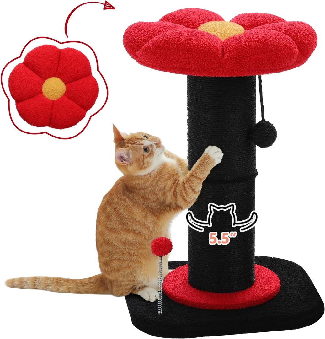PEQULTI Flower Cat Scratching Post, Gothic Cat Tree, Tall Scratcher for Indoor Cats with Super Thick Scratching Post [Dia=5.5''], Removable Flower Bed, Cat Scratch Post with Spring Ball, Black