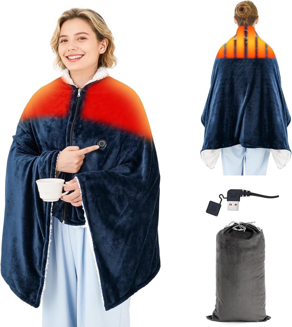 Heated Blanket Battery Operated,Cordless USB Heated Shawl,Outdoor Portable Electric Blanket,USB Heated Throw 3 Heating Levels(Navy)