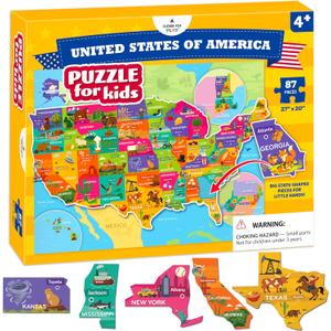 United States Puzzle for Kids Ages 4-8  87 Large USA State-Shaped Pieces, 27"x20" Map  Learn All 50 US States, Capitals & Landmarks  USA Jigsaw Educational Toy  Gift for Boys & Girls Ages 4+