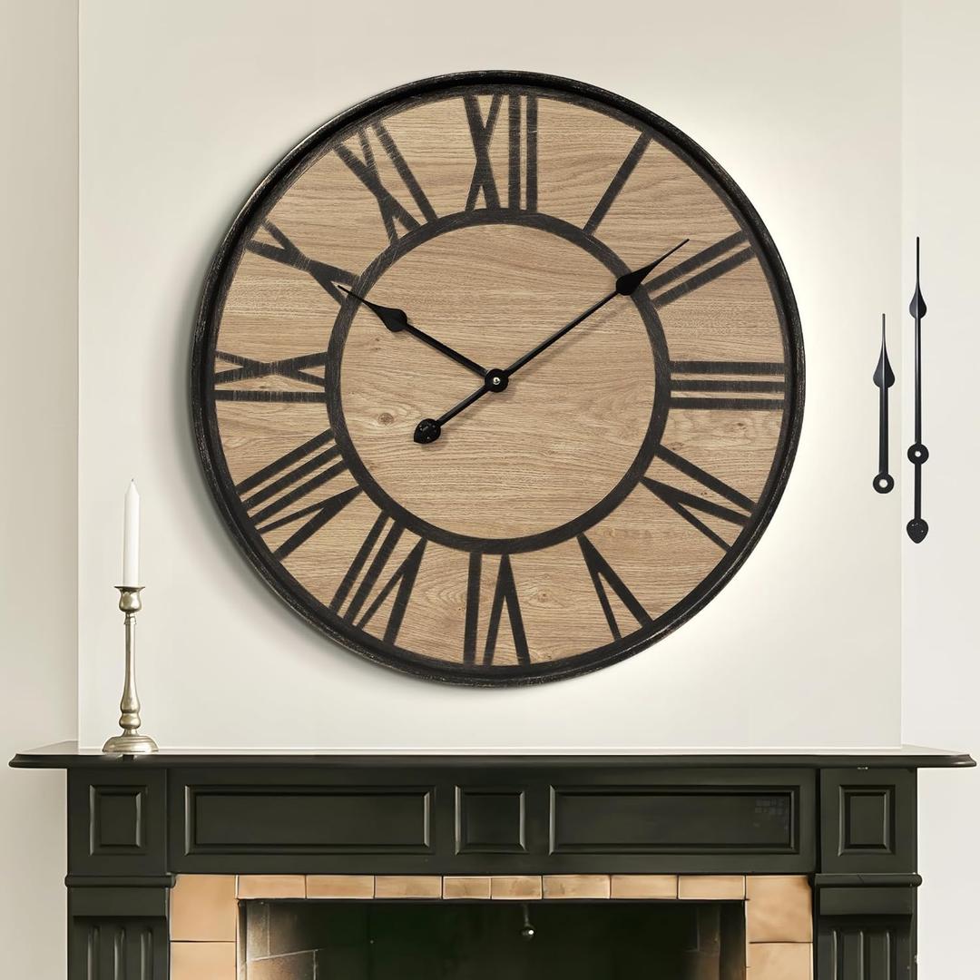 Large Wall Clock for Living Room Decor, Non Ticking Silent, Battery Operated Modern Vintage Wood Oversized Decorative Wall Clock for Bedroom Kitchen Farmhouse Office Decor (20inch, Antique Bronze Metal - Roman Numerals)