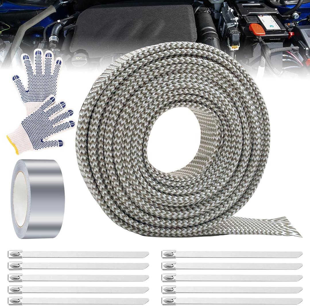 Titanium Spark Plug Wire Heat Shield, 1/2" I.D.  10 Ft Fuel Line Heat Shield Sleeve, Fiberglass-Basalt Composite Spark Plug Boot Protector for LS1/LS2, SBC/BBC 350 454 Car Truck