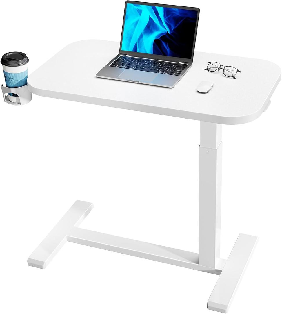 HUANUO 32Inch Bedside Table with Wheels, Height-Adjustable Rolling Computer Cart, Overbed Table with Cup Holder, Pneumatic Laptop Standing Desk for Home Office, White, Large-32 Inch