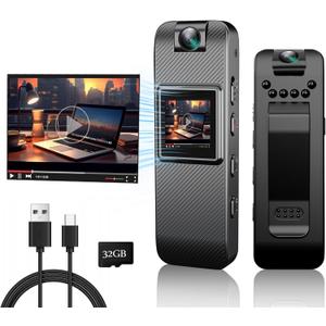Mini Body Camera HD 1080P Wearable Video Recorder, Small Security Camera with 32GB SD Card Night Vision 1.3 Inch Display 180 Rotatable Lens, Portable Body Cam for Law Enforcement/Sports/Delivery