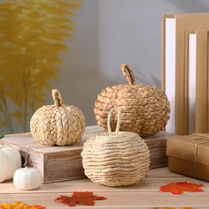 3 Pcs Rattan Pumpkin Fall Decoration Handmade Fall Thanksgiving Pumpkin Table Decors Artificial Woven Cattail Farmhouse Autumn Table Centerpieces for Harvest Halloween Home Porch Decor