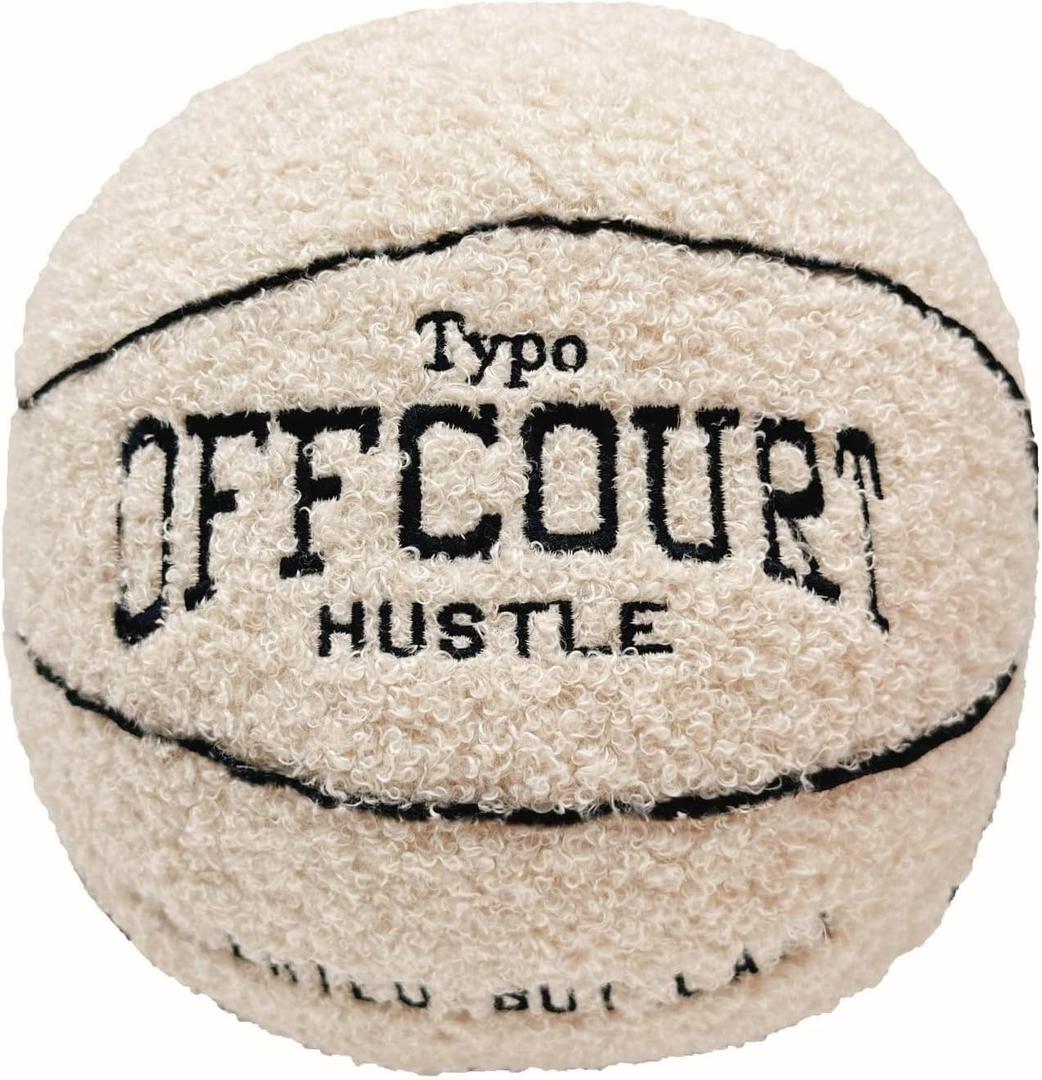 2023 New Offcourt Basketball Pillow, 11" Basketball Shaped Teddy Fleece Embroidered Throw Pillow Fuzzy Plush Toy Gifts for Kids Boys Girls (Beige)