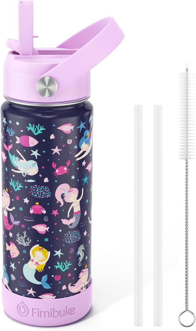 Fimibuke Kids Insulated Water Bottle, 18oz BPA FREE 18/8 Stainless Steel Kids Cup with Straw Travel Tumbler Double Wall Vacuum Leak Proof Toddler Water Bottle for School Boys Girls(1 Pack, Mermaid)