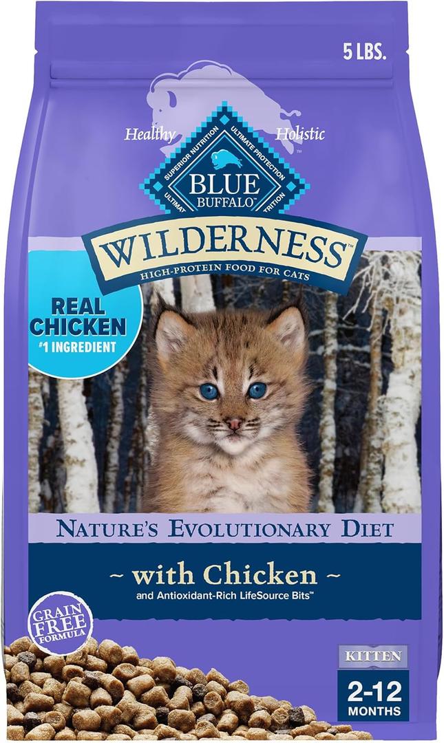 Blue Buffalo Wilderness Natural Kitten Dry Cat Food, with DHA and ARA to Support Brain and Eye Development, High-Protein and Grain-Free Diet, Chicken, 5-lb. Bag, BB Date 15/01/2027