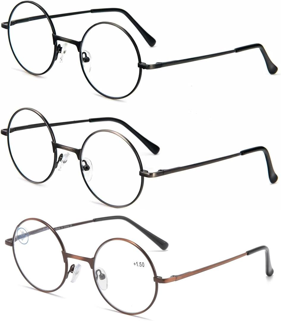 3 Pack Round Frame Reading Glasses Blue Light Blocking Reader Metal Full Frame Retro Glasses