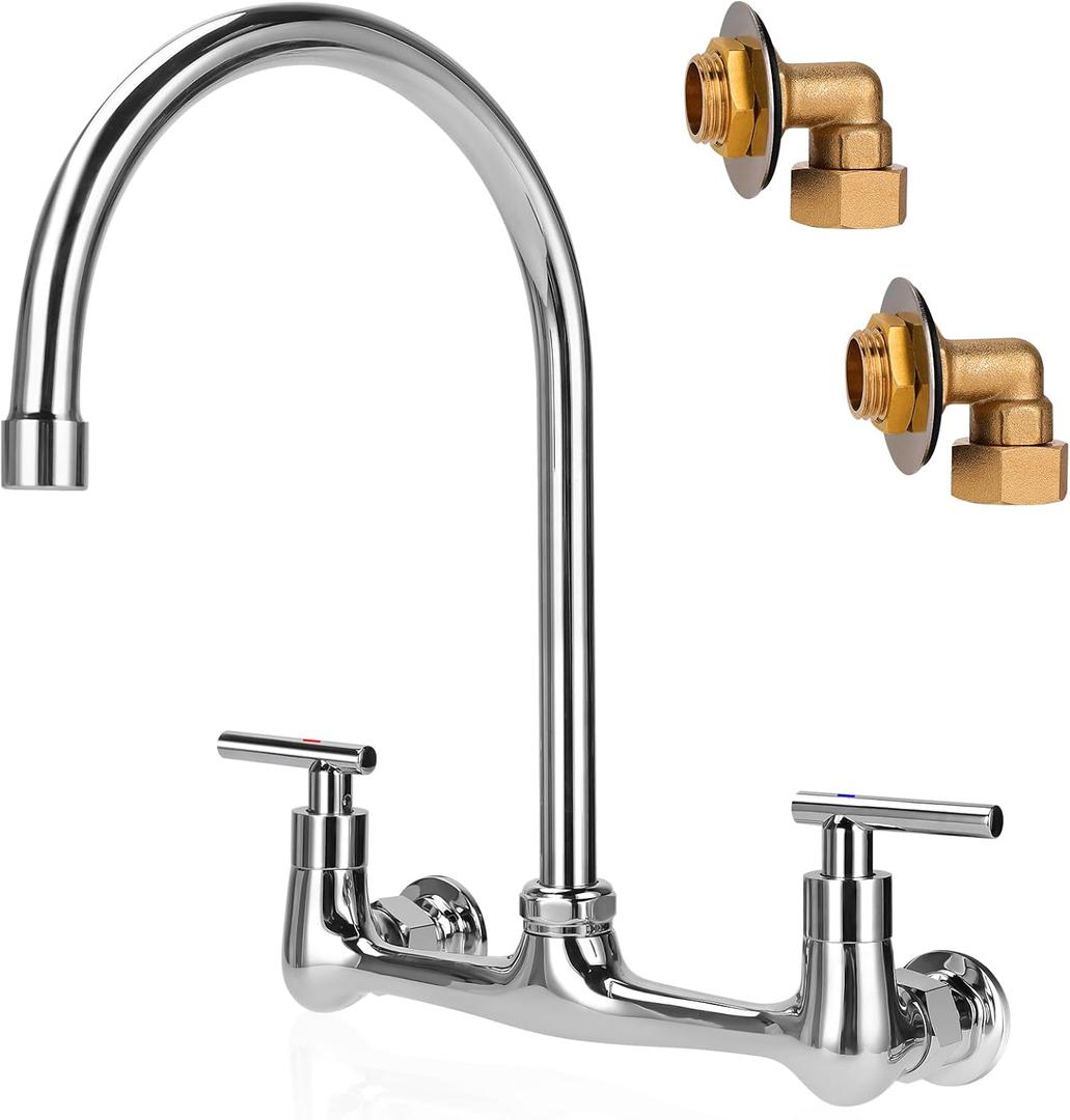 8 Inch Center Wall Mount Faucet,2-Handles Commercial Kitchen Sink Faucet with 8 inch Gooseneck Swivel Spout for Utility Sink and Restaurant Industrial Faucet,Chrome Finish