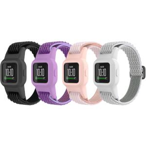Elastic Bands Compatible with Garmin Vivofit Jr 3 - Colorful Nylon Stretchy Solo Loop Straps with Protective Case - Adjustable Replacement Bands for Girls and Boys (Black+Lavender+PinkSand+White)