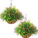 Lyrow 2 Pcs Artificial Hanging Flowers with Fake Basket Outdoor Realistic Hanging Plants with 12 Inch Coconut Lining Basket for Patio Lawn Garden Porch Decor(Colored)
