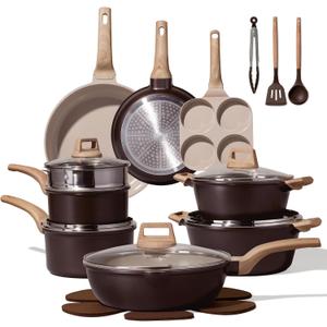 CAROTE 21 PCS Ceramic Cookware Set, Pots and Pans Set Non Stick, Pot and Pan Set with Frying Pan, Induction Ready Cooking Set for Kitchen, PFOS/PFOA/PFAS Free, Brown, 21 Piece