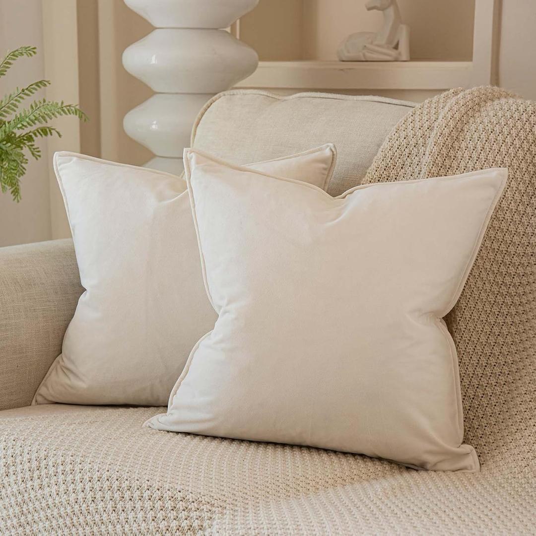 JUSPURBET Cream White Decorative Pillow Covers 14x14 Set of 2 Throw Pillow Covers for Couch Sofa Bed Cozy Velvet Cushion Covers Cases with Hidden Zipper for Living Room Home Decor