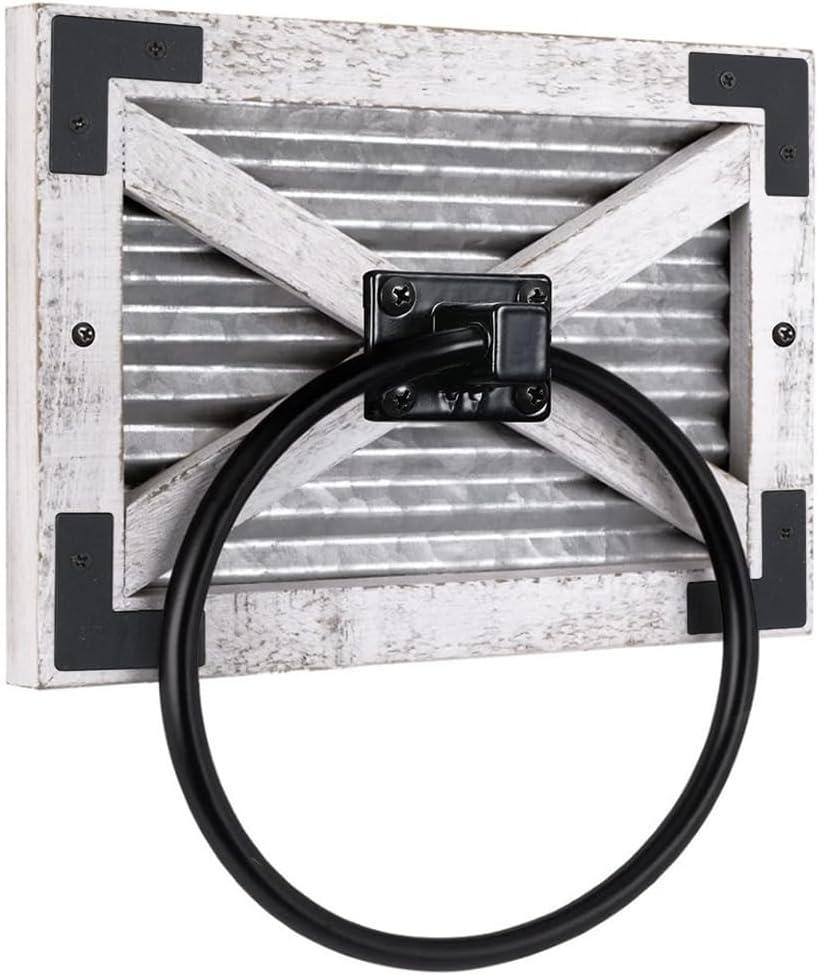 Autumn Alley Farmhouse White Hand Towel Holder Ring with Bracket - Rustic Hand Towel Holder - Towel Rings for Bathroom Wall Mounted Decor Mix of Wood, Galvanized Metal & Black Rings, White
