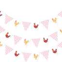 Chicken Themed Pennant Banners Chicken Birthday Party Decorations 2PCS Pink Checkered Chicken Banner Barnyard Farm Animal Theme Baby Shower Decor for Girls Little Chick Bday Supplies