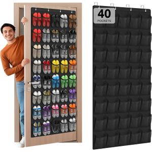 Over the Door Shoe Organizer,40-Pocket Hanging Shoe Rack for Closet Door,Shoes Storage Holder Hanger with Large Mesh Pocket for Women Men Shoes,Flip Flops(Black)
