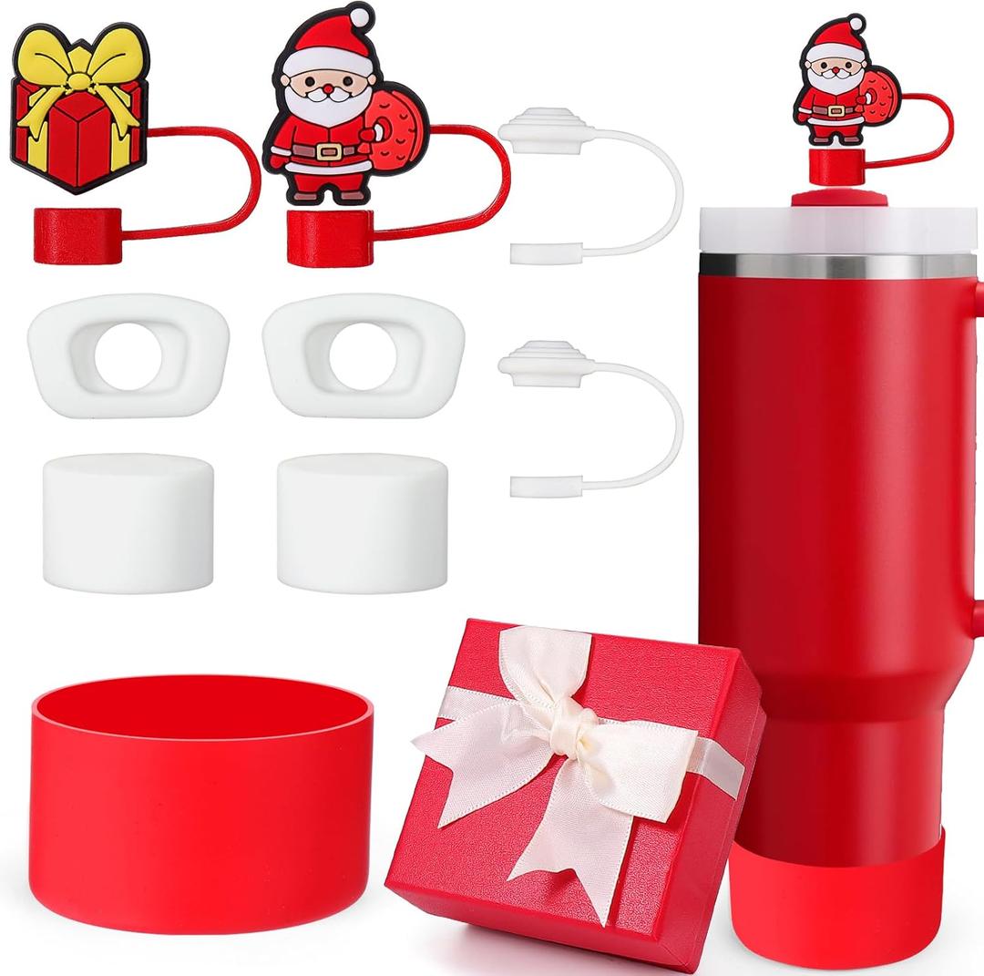 Mity rain 9PCS Christmas Accessories for Stanley Cup - Tumbler Accessories Including 4 Pcs Straw Cover Cap, 4 Pcs Spill Proof Stopper,1 Pc Silicone Boot for Stanley Cup 30/40OZ (Red)