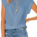 Langwyqu Womens Cap Sleeve Tops Summer Crew Neck Shirt Lightweight Crochet Knit Sweater (Blue)