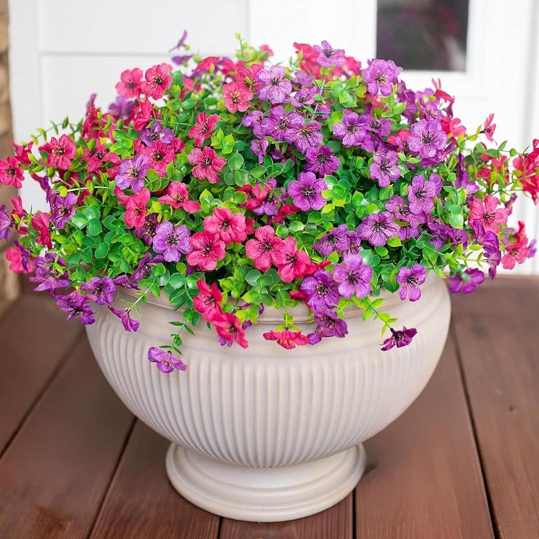HyeFlora Artificial Flowers for Outdoor Indoor Garden Home Decoration, Faux Flower Daisy with Eucalyptus Leaves Fake Plants Greenery Boxwood Porch Patio, 12 Bundles (Purple Pink)