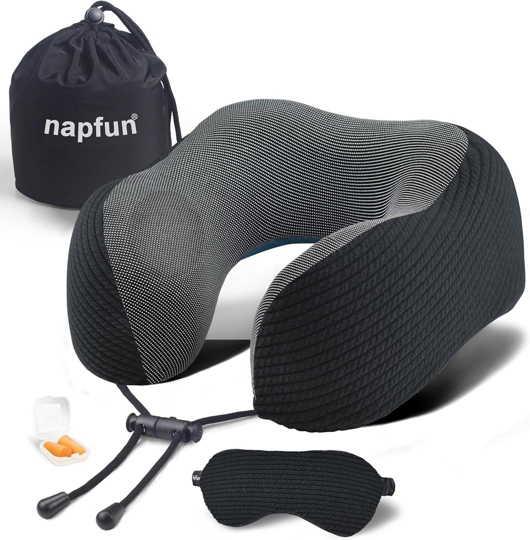 napfun Neck Pillow for Traveling, Upgraded Travel Neck Pillow for Airplane 100% Pure Memory Foam Travel Pillow for Flight Headrest Sleep, Portable Plane Accessories, Striped Black (Striped Black (Luxury Sets, With Eye Mask&earplugs))