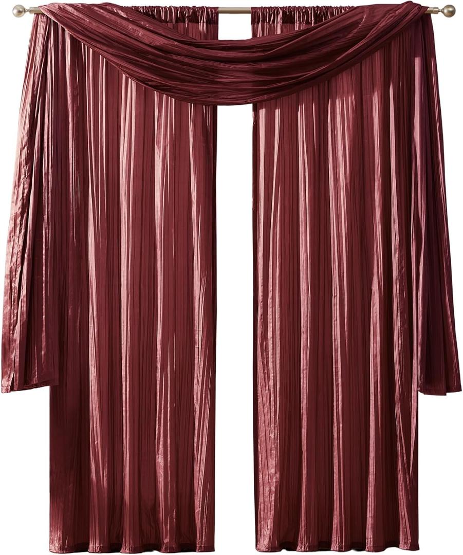 Elrene Home Fashions Athena Faux Crushed-Silk Window Curtain Panel and Valance Set, 52"x95" (2 Panels) & 1 Valance, Red