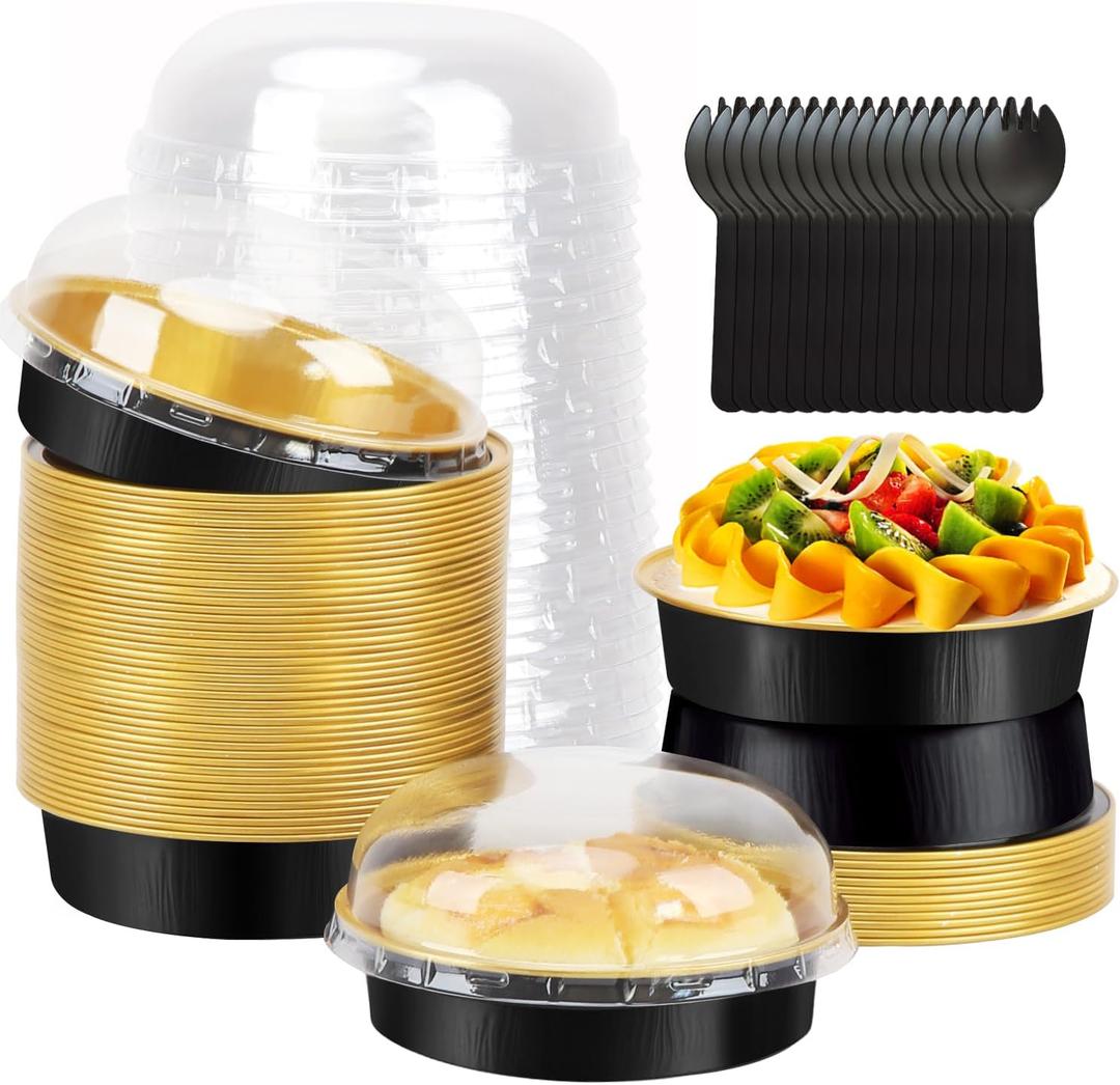 LNYZQUS 8oz Mini Cake Tins with Dome Lids 50 Pack, Small Pie Pans 4 Aluminum Foil Baking Pans Cups,Disposable Ramekins Individual Cake Containers Holders for Tart Quiche Flan-Black